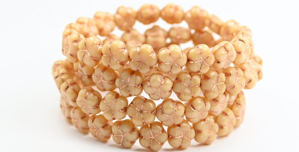 5枚の花びらの押しビーズ、シルクベージュ銅線(14010-54200)、ガラス、チェコ共和国~STRANDED