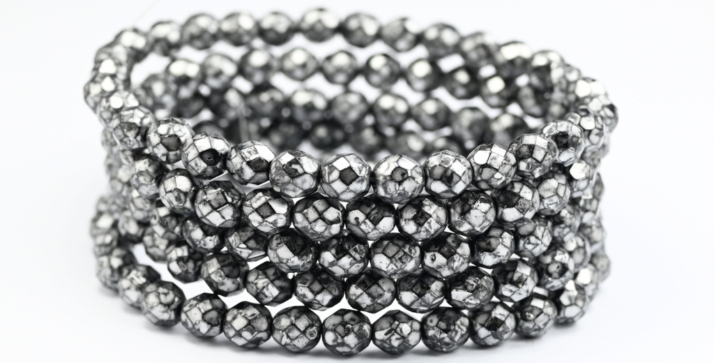 ファイアポリッシュラウンドファセットビーズ、ブラックブルーイリディセント(23980-86966)、ガラス、チェコ共和国