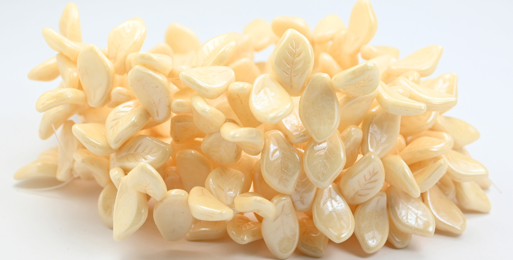 楕円形の葉っぱのプレスガラスビーズ、ホワイトラスターブラウンフルコーティング(02010-14413)、ガラス、チェコ共和国