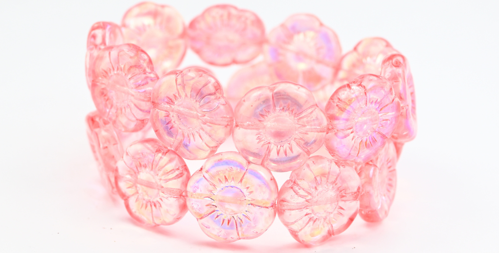 Round Flat Flower Pressed Glass Beads, Crystal Light Pink Ab (00030-34304-AB), Glass, Czech Republic