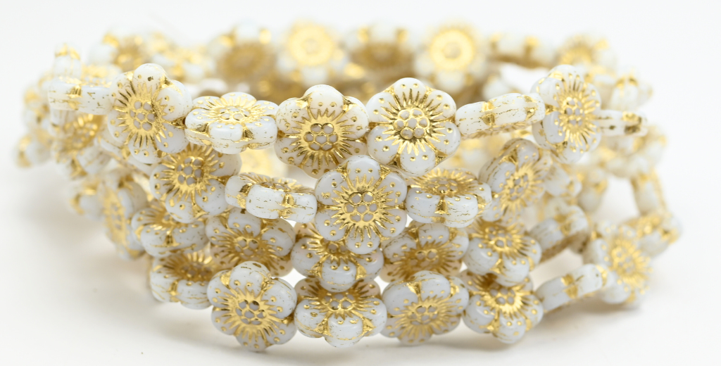 OUTLET 10 克花朵压花玻璃珠,14 x 14 毫米,白金内衬 (02010-54202),玻璃,捷克共和国