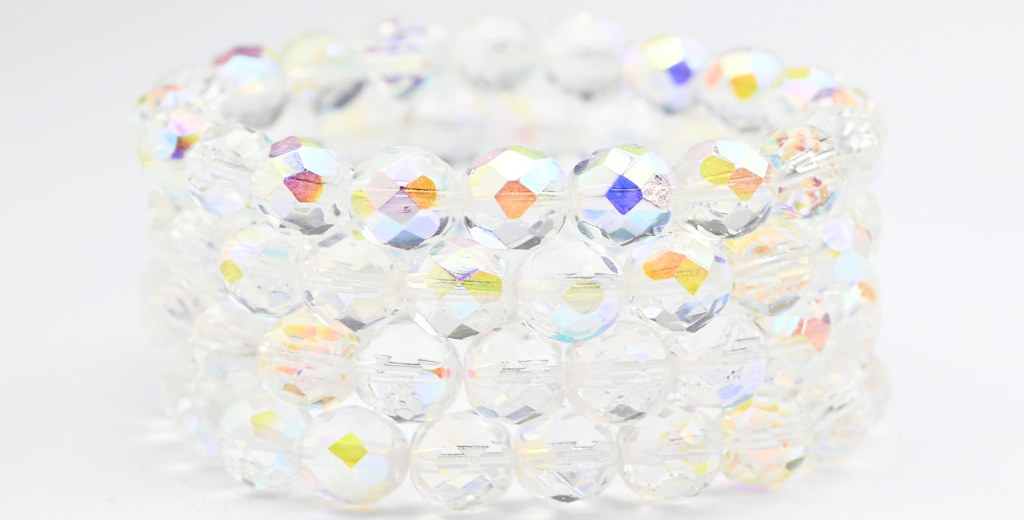 ファイアポリッシュラウンドファセットビーズ、クリスタルAb(00030-AB)、ガラス、チェコ共和国