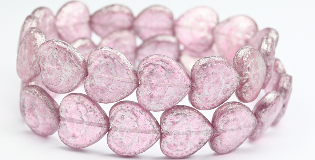 ハートと花のプレスガラスビーズ、クリスタルライトフクシアピンク34301(00030-34306-34301)、ガラス、チェコ共和国