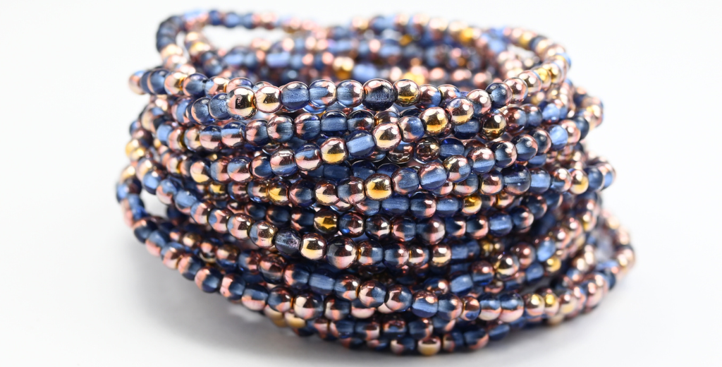 丸型プレスガラスビーズ Druck、透明ブルーローズゴールドカプリ(30020-27101)、ガラス、チェコ共和国