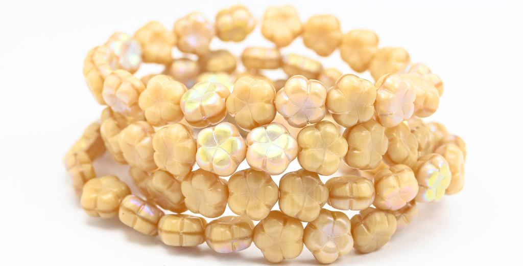 5枚の花びらの花の押しビーズ、不透明ベージュAB(13010-AB)、ガラス、チェコ共和国〜STRANDED