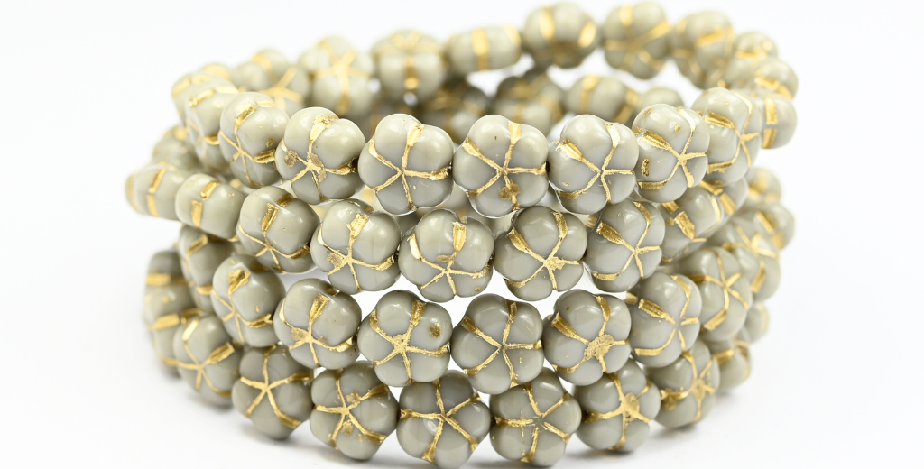 5-Petal Flower Pressed Beads, Opaque Gray Gold Lined (43020-54202), Glass, Czech Republic ~ STRANDED
