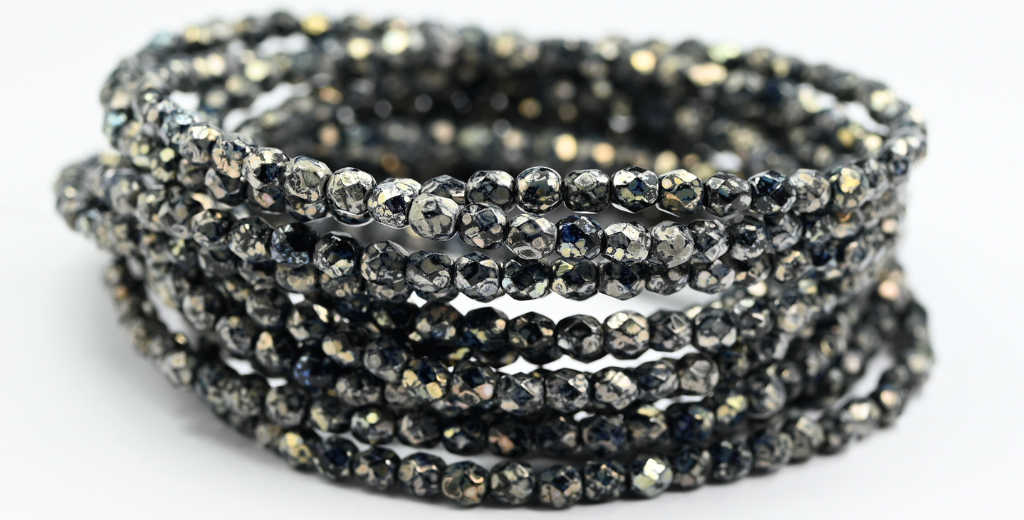 ファイアポリッシュラウンドファセットビーズ、ブラックレンブラントトラバーチン(23980-43500)、ガラス、チェコ共和国