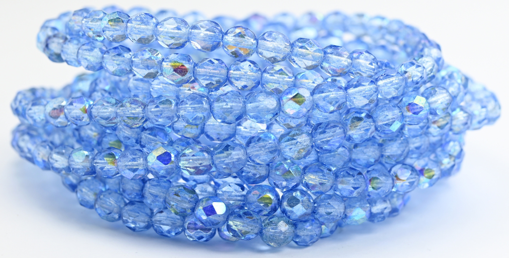 Fire Polished Round Faceted Beads, Crystal Light Blue Ab (00030-34307-AB), Glass, Czech Republic