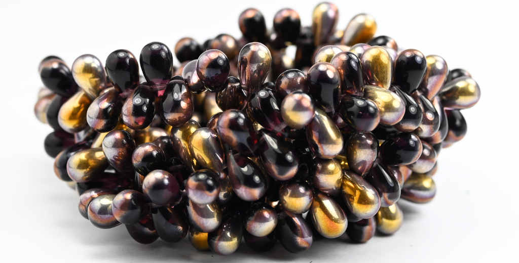 ペアドロップ型プレスガラスビーズ、透明ライトアメジストローズゴールドカプリ(20040-27101)、ガラス、チェコ共和国