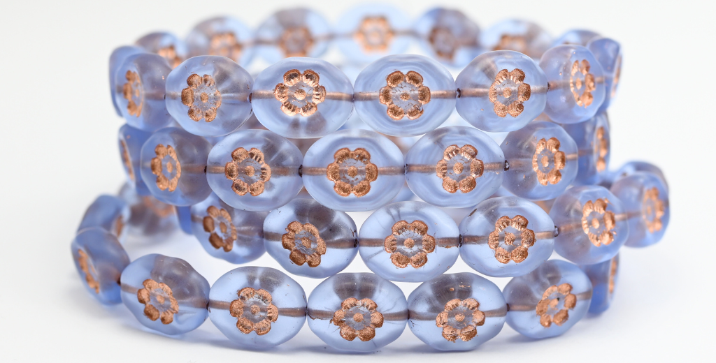 オーバル型押しガラスビーズ(花柄)、透明ライトアメジスト、銅張りマット仕上げ(20210-54200-M)、ガラス、チェコ共和国