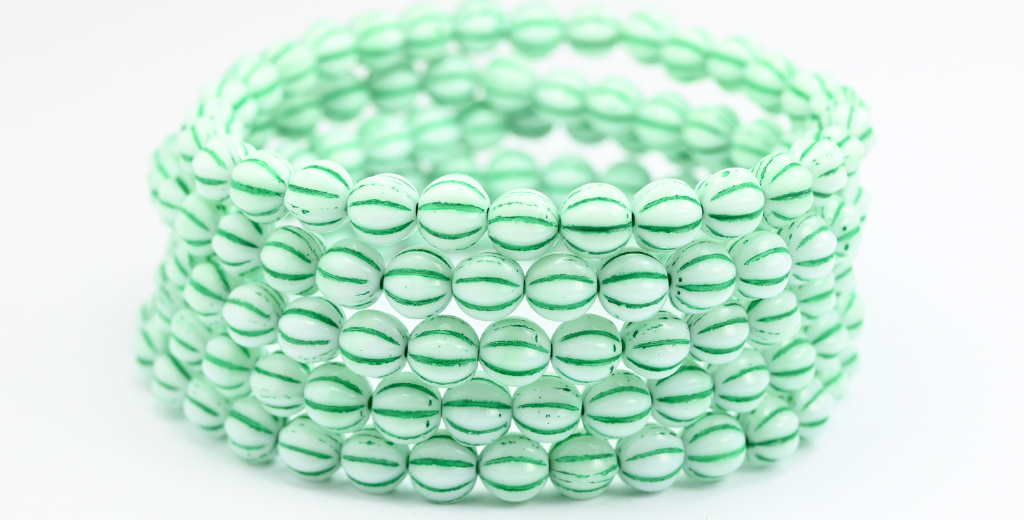 メロン丸型プレスガラスビーズ、ストライプ入り、ライトグリーン、グリーンライン入り(07524-46450)、ガラス、チェコ共和国