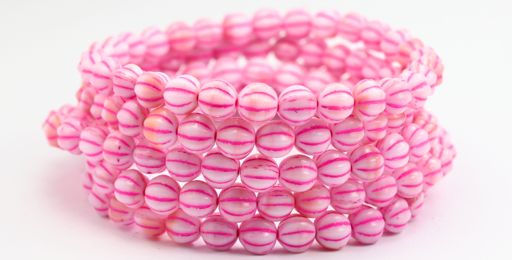 Melon Round Pressed Glass Beads With Stripes, 7324 Pink Lined (07324-46470), Glass, Czech Republic