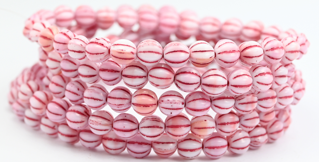 Melon Round Pressed Glass Beads With Stripes, 7324 Red Lined (07324-46490), Glass, Czech Republic