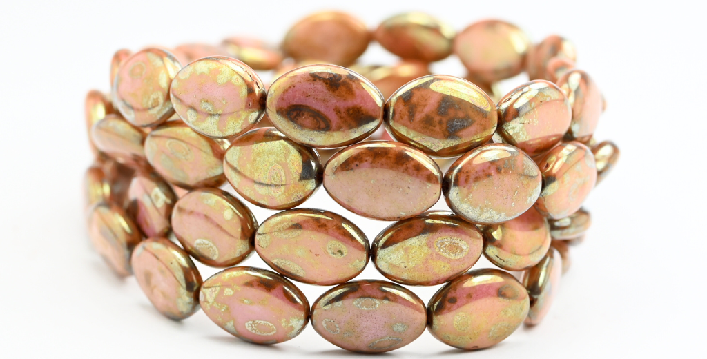 Flat Oval Pressed Glass Beads, White Senegal Red (02010-15675), Glass, Czech Republic