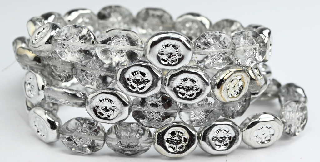 オーバル型押しガラスビーズ(花付き)、クリスタルクリスタルシルバーハーフコーティング(00030-27001)、ガラス、チェコ共和国