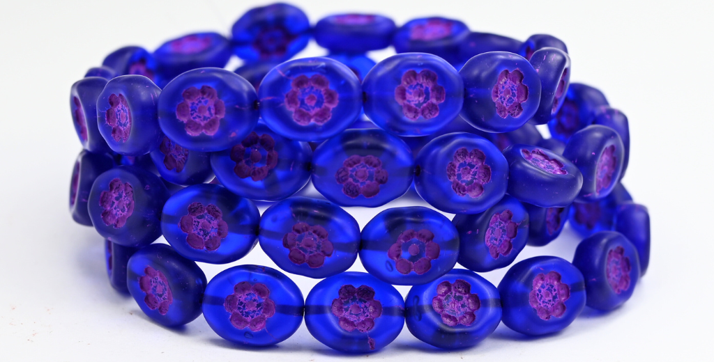 椭圆形压制玻璃珠,带花朵,透明蓝紫色内衬(30080-46420),玻璃,捷克共和国