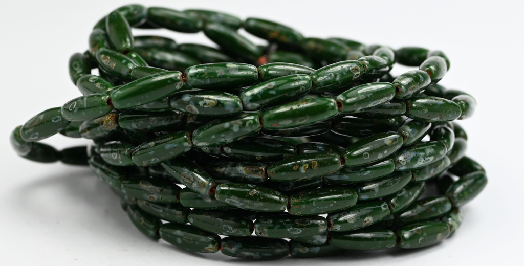 オリーブオーバルプレスガラスビーズ、不透明グリーンピカソ(53330-43400)、ガラス、チェコ共和国