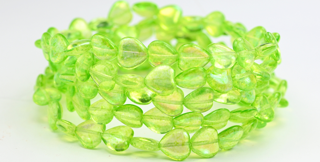 Heart Pressed Glass Beads, Crystal Light Green Ab (00030-34310-AB), Glass, Czech Republic ~ STRANDED
