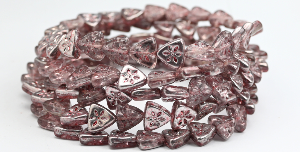 トライアングルフラットウィットフラワープレスガラスビーズ、クリスタルクリスタルシルバーハーフコーティングライトピンク(00030-27001-34304)、ガラス、チェコ共和国