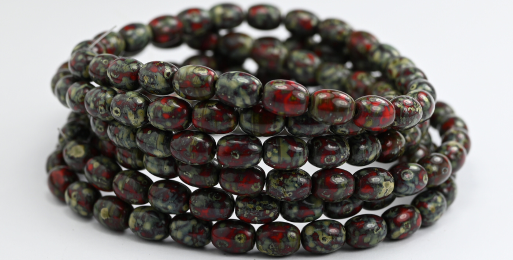 Olive Oval Pressed Glass Beads, Opaque Red Picasso (93200-43400), Glass, Czech Republic