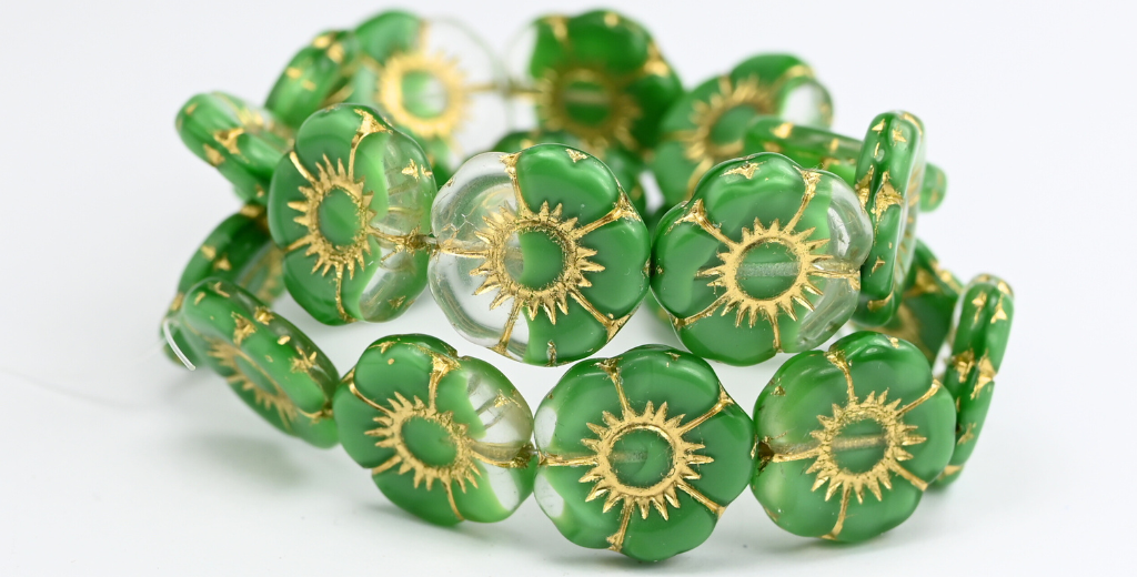 丸型フラットフラワー型押しガラスビーズ、グリーンマラカイトゴールドライン(54110B-54202)、ガラス、チェコ共和国