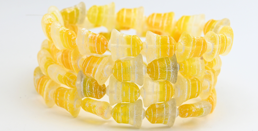 フラットベルビーズ、ミックスカラー イエローホワイトライン入り (MIX-YELLOW-46401)、ガラス、チェコ共和国