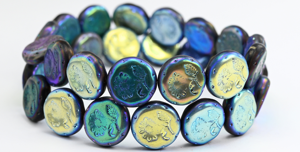 Round Flat With Flower Marguerite Pressed Glass Beads, Striped Dark Brown Ab 2X (26117-AB-2X), Glass, Czech Republic