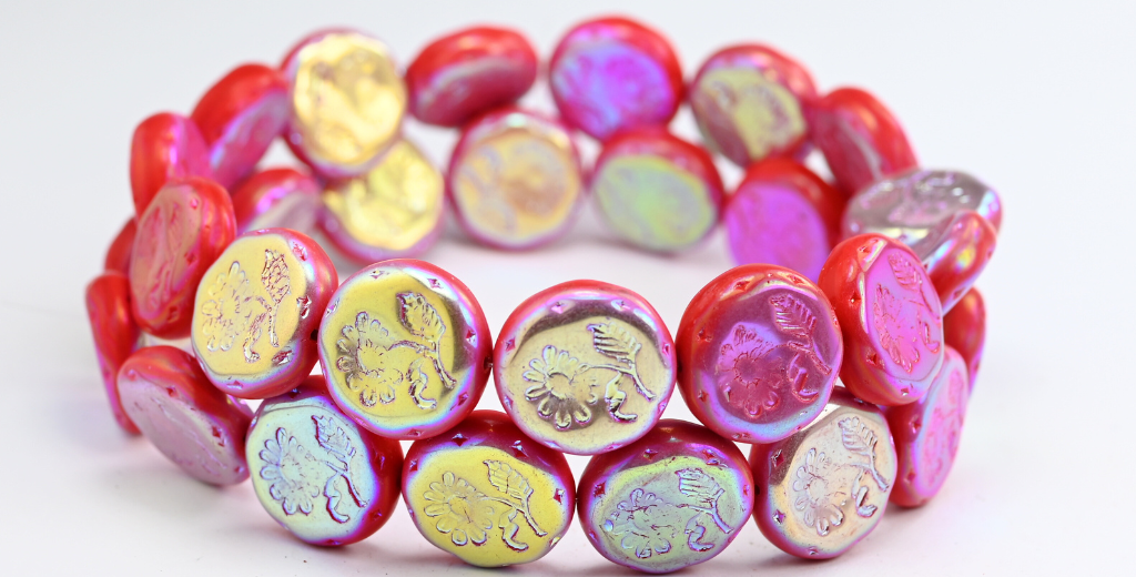 丸型フラットフラワーマーガレットプレスガラスビーズ、不透明レッドAb 2X(93200-AB-2X)、ガラス、チェコ共和国