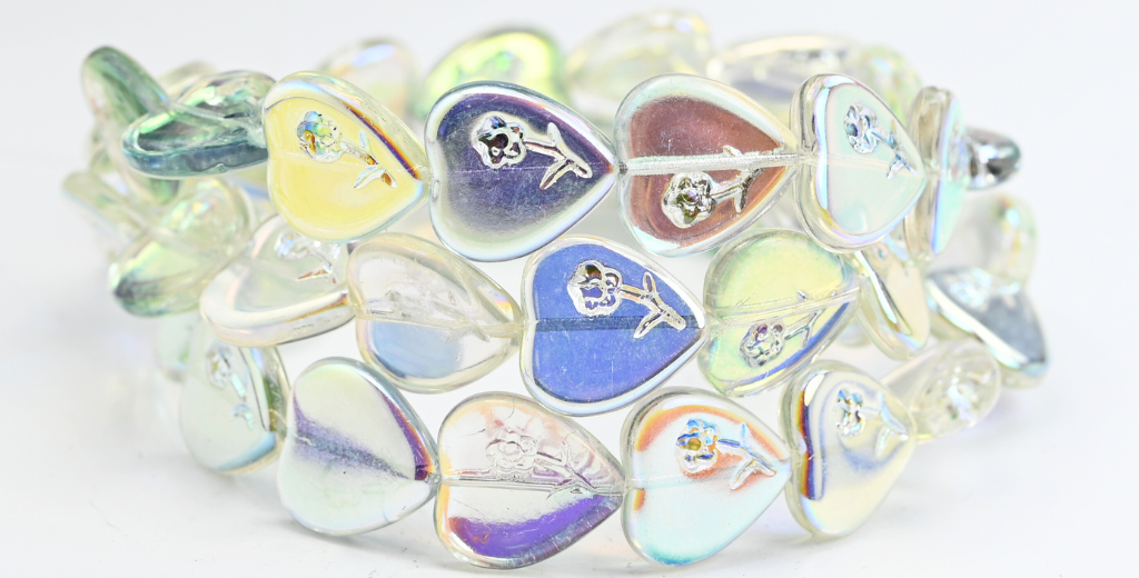 ハート型押しガラスビーズ(花付き)、クリスタルB Ab(00030-B-AB)、ガラス、チェコ共和国