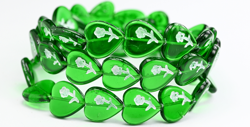 ハート型押しガラスビーズ(花柄)、透明グリーンホワイトライン入り(50130-46401)、ガラス、チェコ共和国