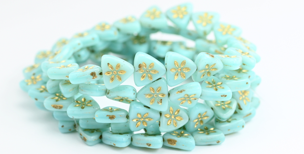 三角形扁平花朵压制玻璃珠,蛋白石海蓝金内衬 (61100MT-54202),玻璃,捷克共和国