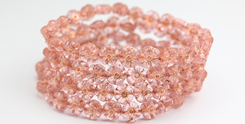 ハワイの花の押しガラスビーズ、透明ピンク銅線入り(70110MT-54200)、ガラス、チェコ共和国