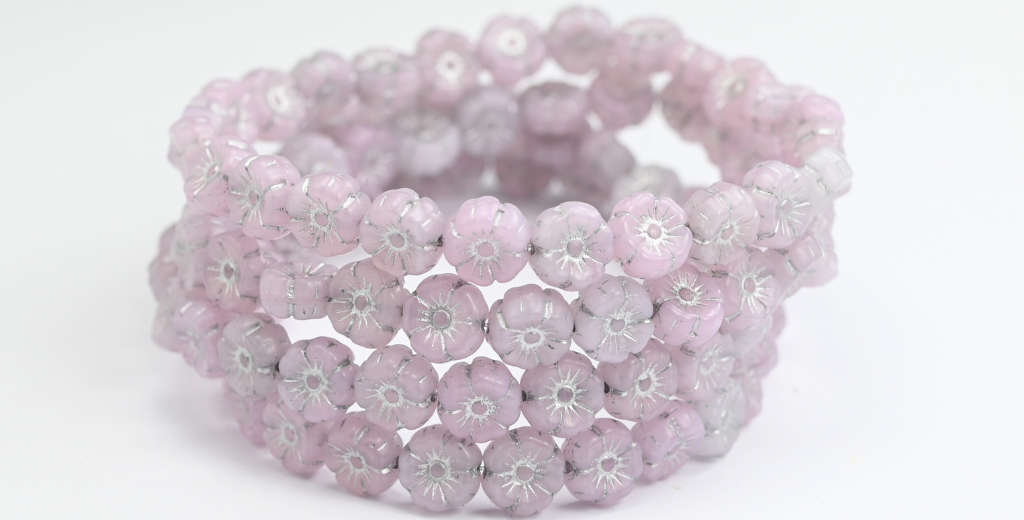 夏威夷花压制玻璃珠,蛋白石粉红山银衬里 (71000-MT-54201),玻璃,捷克共和国