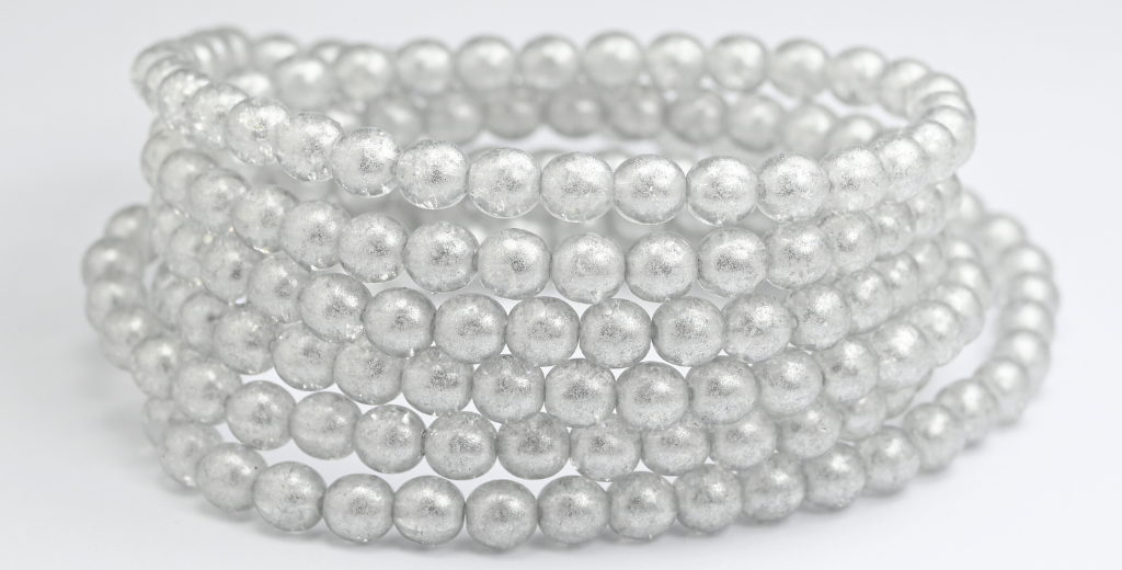 ラウンドプレスガラスビーズDruck、シルバーグレークラック(34301-CRACK)、ガラス、チェコ共和国