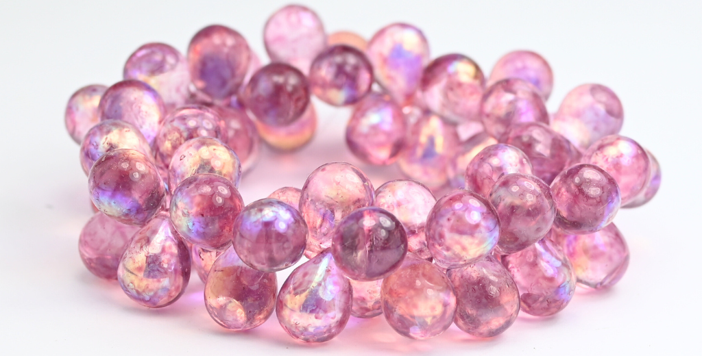 Pear Teardrop Pressed Glass Beads, Crystal Light Fuchsia Pink Ab