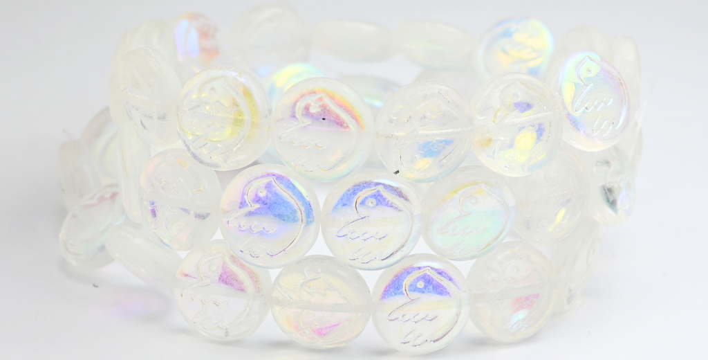 鳥の模様が入った丸いフラットビーズ、クリスタルAB(00030-AB)、ガラス、チェコ共和国