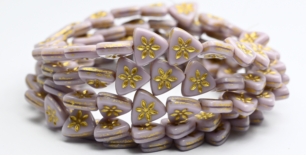 Triangle Flat Wit Flower Pressed Glass Beads, Silk Lavender Gold Lined (24010-54302), Glass, Czech Republic