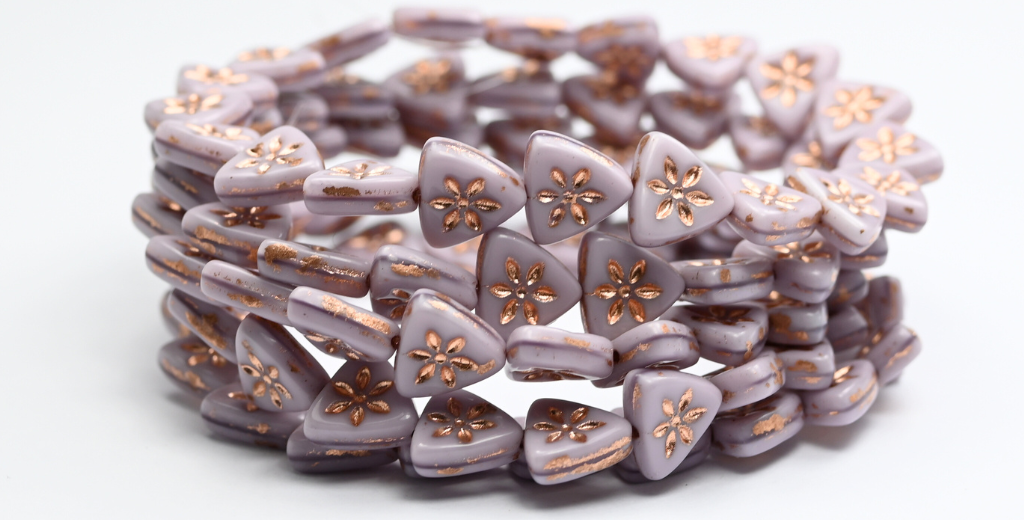 三角形のフラットウィットフラワープレスガラスビーズ、シルクラベンダー銅線(24010-54200)、ガラス、チェコ共和国