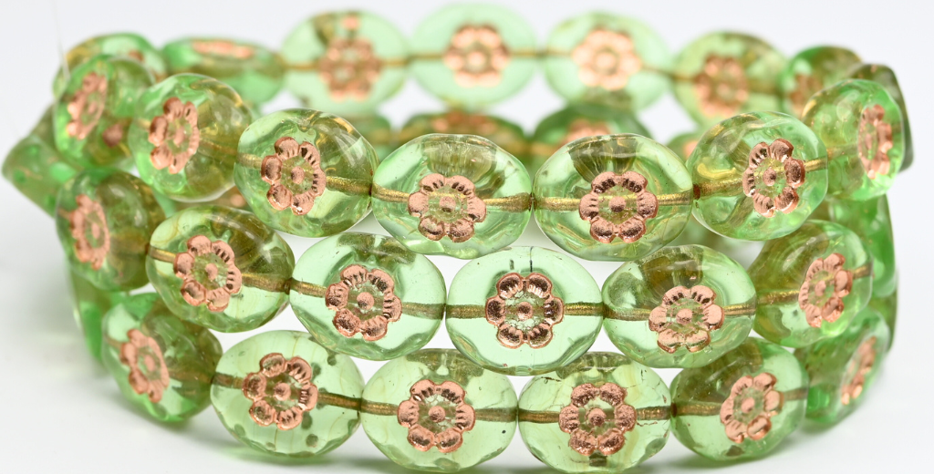楕円形の押しガラスビーズ(花付き)、透明グリーン銅線入り(50520-54200)、ガラス、チェコ共和国