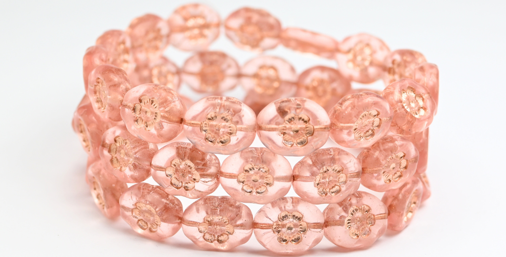 楕円形の押しガラスビーズ(花付き)、透明ピンク銅線入り(70110-54200)、ガラス、チェコ共和国