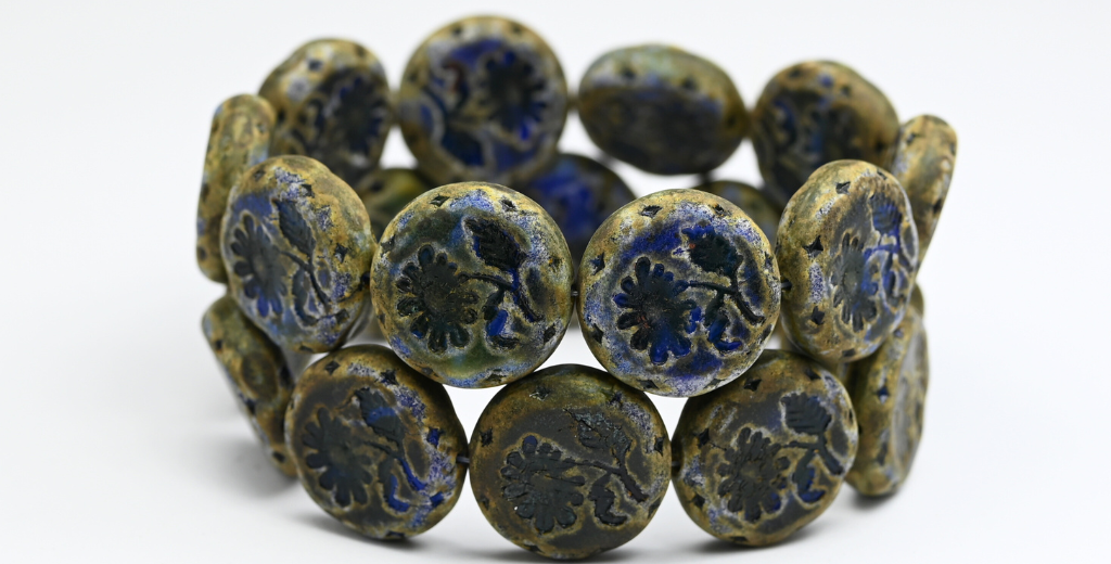 丸型フラットフラワー付きマーガレットプレスガラスビーズ、ブルーアンティーク(BLUE-ANTIQUE)、ガラス、チェコ共和国