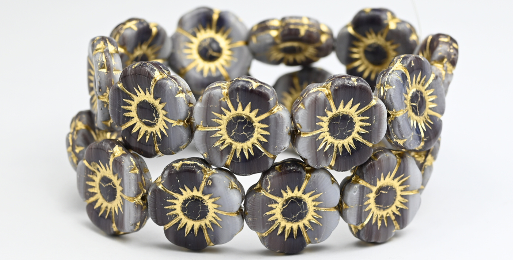 丸型フラットフラワー押しガラスビーズ、15014 ゴールドライン (15014-54202)、ガラス、チェコ共和国