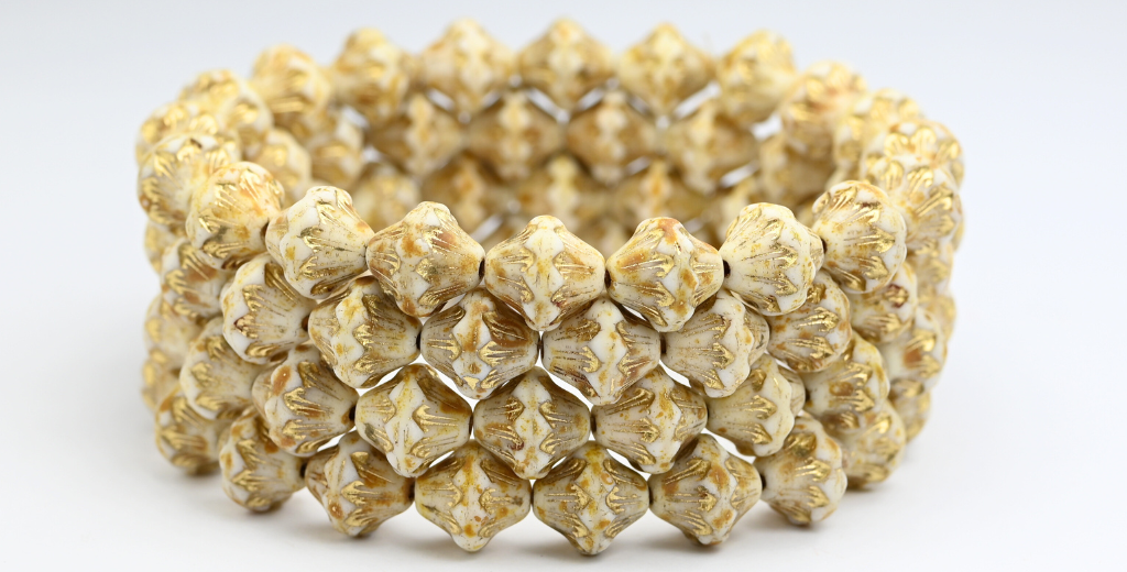 アウトレット 10グラム ランタンプレスガラスビーズ、11 x 11 mm、ホワイト86ゴールドライン(02010-86-54202)、ガラス、チェコ共和国