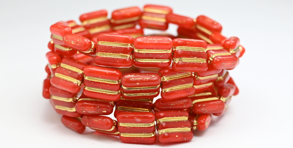 Rectangle Pressed Glass Beads With Lines, Opal Red Gold Lined (91250-54202), Glass, Czech Republic