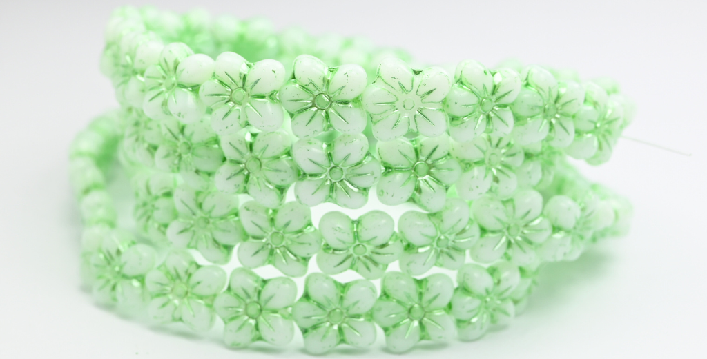 OUTLET 10 grams Flower Pressed Glass Beads, White Green Lined (02010-54322), Glass, Czech Republic