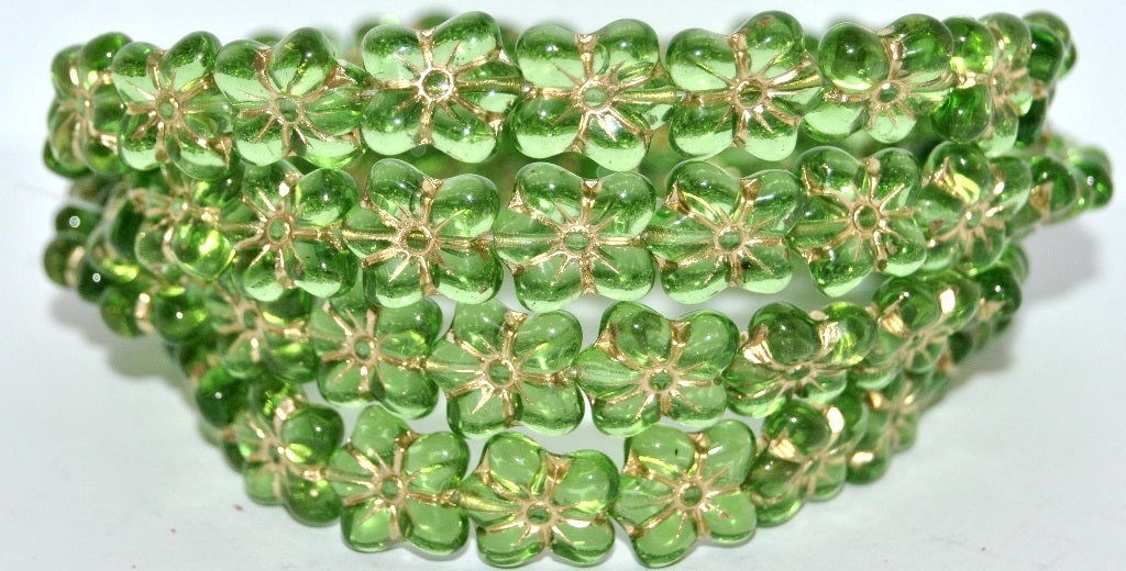 花朵压花玻璃珠,透明绿金衬里(50410-54202),玻璃,捷克共和国