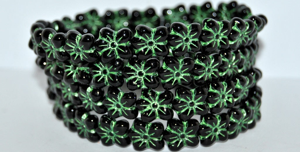 花型押しガラスビーズ、ブラックグリーン(23980-43813)、ガラス、チェコ共和国