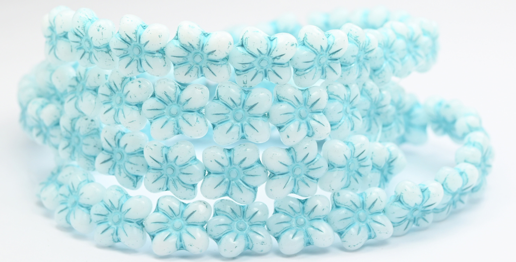 花型押しガラスビーズ、ホワイトライトブルーライン入り(02010-54308)、ガラス、チェコ共和国