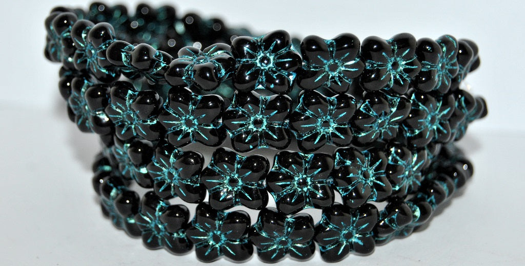 Flower Pressed Glass Beads, Black Light Blue Lined (23980-43811), Glass, Czech Republic