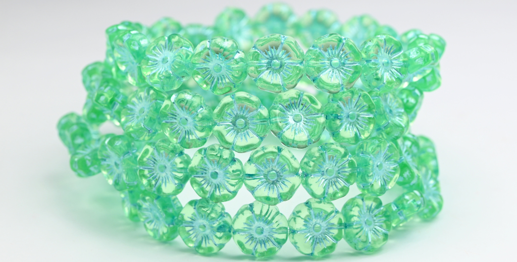 ハワイの花の押しガラスビーズ、透明グリーンブルーのライン入り(50800-54323)、ガラス、チェコ共和国